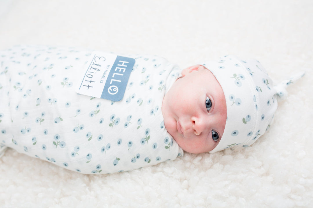 Hello World Blanket & Knotted Hat - Blueberries