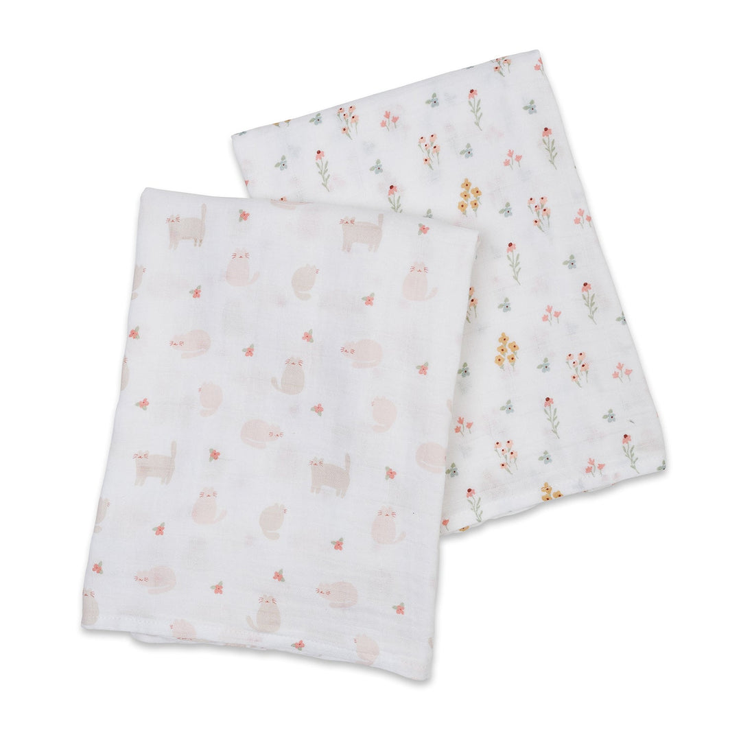 Lulujo - 2PK Cotton Muslin Swaddles - Kitty+Flower 2 pack Cotton Swaddles - Kitty Cat + Flower Field 628233451729