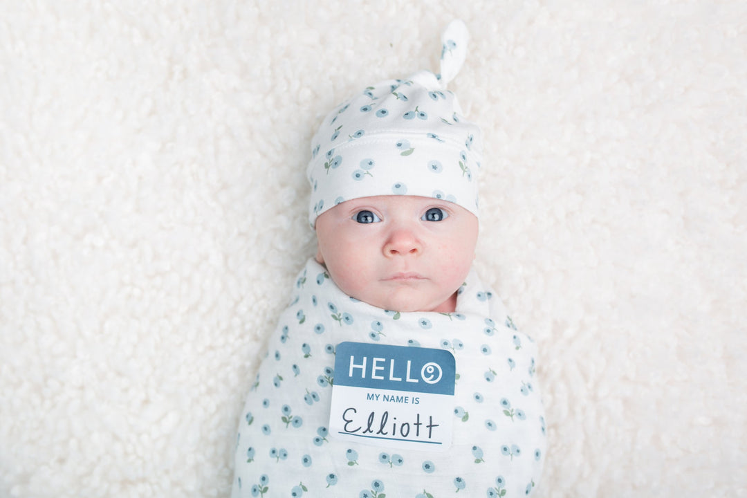 Hello World Blanket & Knotted Hat - Blueberries