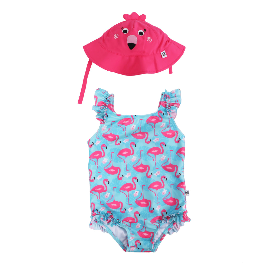 ZOOCCHINI 2pc Set - Rffld Swimsuit+Sunhat Flamingo 6-12M Ruffled Swimsuit + Sunhat 2pc Set - Flamingo 810608034525