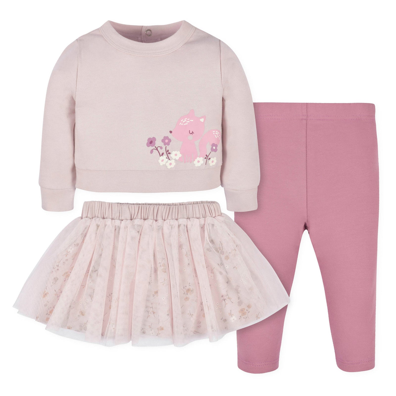 d - Gerber - Opp-22F 3pc Top Skirt Legging - Woodland - 18M Gerber® 3-Piece Baby Girls Woodland French Terry Top, Tulle Tutu 013618329807