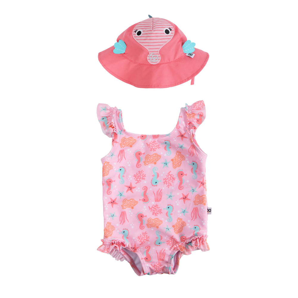 d - ZOOCCHINI 2pc Set - Rffld Swimsuit+Sunhat Seahorse 6-12M Ruffled Swimsuit + Sunhat 2pc Set Seahorse 810608034501