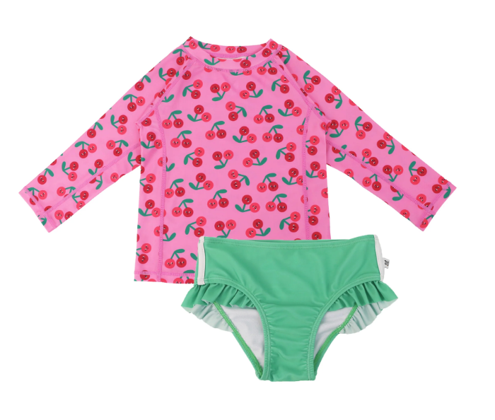 Rashguard Swim Top + Ruffled Bottom Set