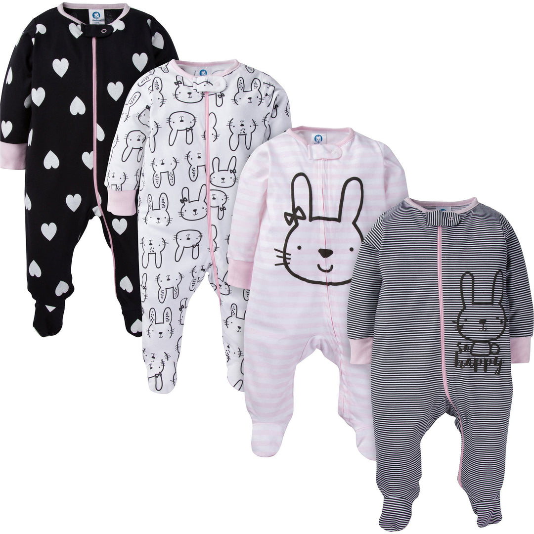 d - Gerber - 4 Pack Sleep 'N Play with Cuffs - Bunny - Preem 4-Pack Baby Girls Bunny Sleep N Play with Mitten Cuffs 047213238370