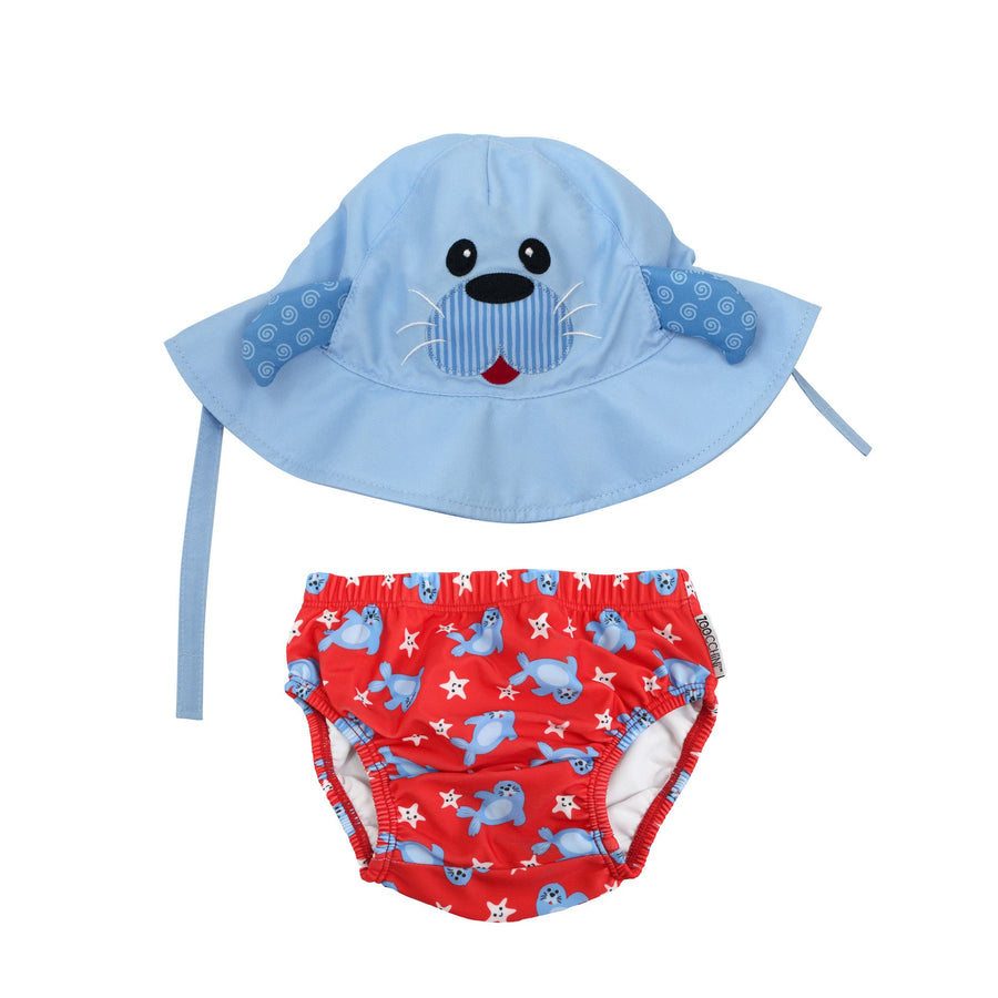 d - ZOOCCHINI - Baby Swim Diaper + Sun Hat - Seal - S 3-6M UPF50+ Baby Swim Diaper & Sun Hat Set - Sunny the Seal 810608033597